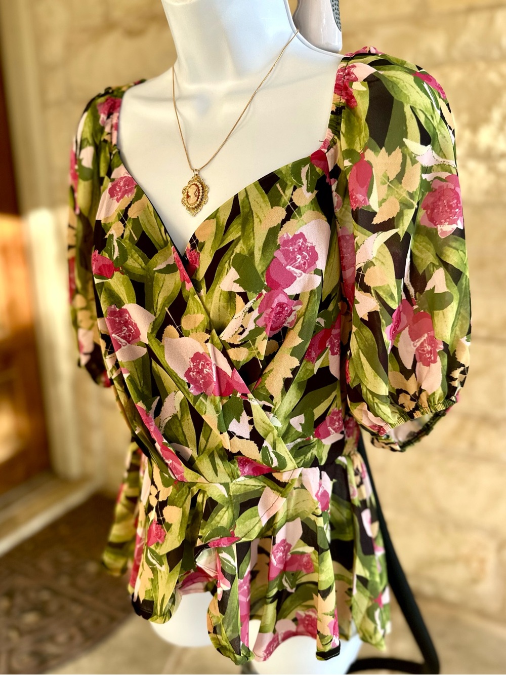 Flying Tomato Floral Faux Wrap Top in Pink & Green - Picture 5 of 11